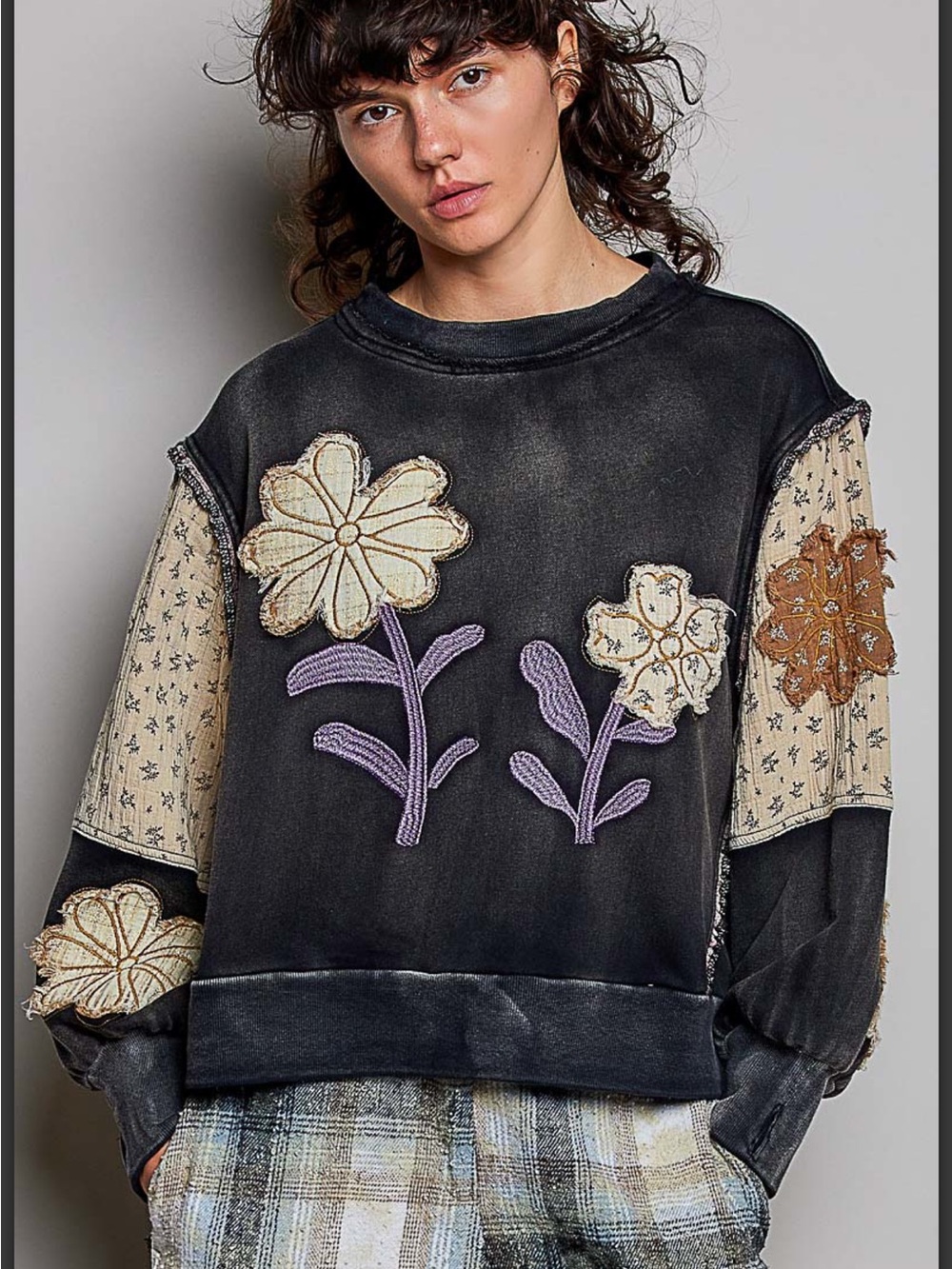 POL Black Sweatshirt with Cream Appliqués and Lavender Stems